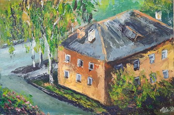 白樺樹畫 原創油畫 老房子畫 小風景