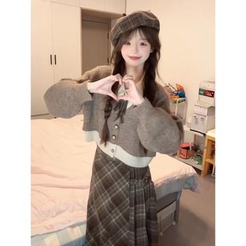 氣質百搭休閑減齡POLO領假兩件毛衣女秋冬新款短款針織衫寬松上衣