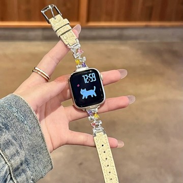 糖果方塊鑲鑽拼真皮鱷魚紋錶帶 適用Apple watch11錶帶 iwatch錶帶 全系列通用錶帶 當季錶帶