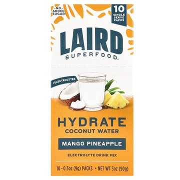 Laird Superfood, 補水椰子汁，電解質混合飲品，芒果菠蘿，10 個單份包裝，每個 0.3 盎司（9 克）