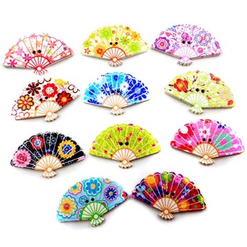 50粒/包30mm扇子形狀紐扣卡通木扣彩繪衣服扣子手工布料diy裝飾扣