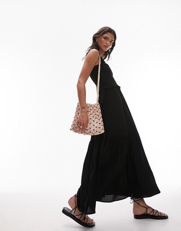 Topshop shirred pinny midi dress in black-Multi