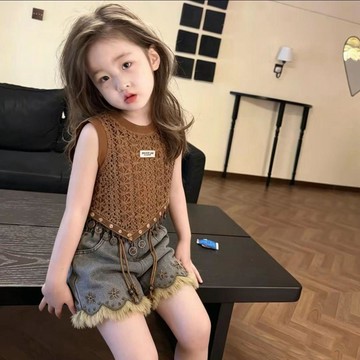 7531 人再三入手💚女童夏季吊帶套裝2026新款兒童洋氣鏤空背心花邊牛仔短褲三件套潮CNMY