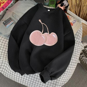 超少女心~粉色櫻桃 印花衛衣 大學t 薄衛衣 長袖上衣 刷毛大學t 加絨 大學t長袖 薄長袖 韓國衛衣 寬鬆 秋冬女裝