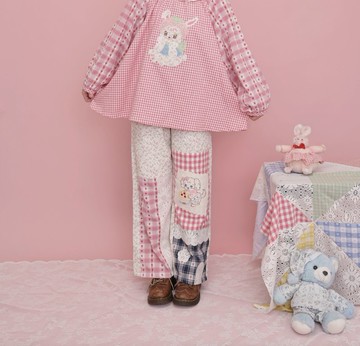 甜美少女 手作拼接蕾絲碎花格子長褲