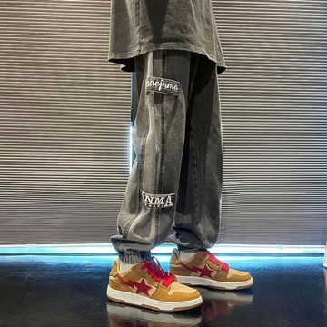 西海岸美式hiphop褲子ins高街潮牌煙灰色工裝牛仔褲男束腳燈籠褲