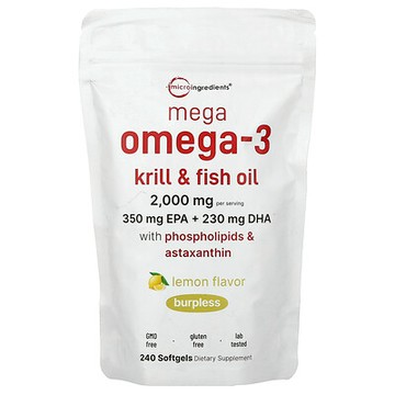 Micro Ingredients, Mega Omega-3 Krill & Fish Oil With Phospholipids & Astaxanthin, Lemon, 240 Softgels
