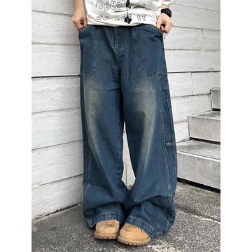 XBRO美式復古垂感拖地洗水懷舊做舊直筒牛仔褲設計感中性古著褲bf