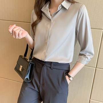 【小歡喜Little Joy】7色任選襯衫 真絲襯衫女 OL氣質小衫 夏季新款 七分袖修身百搭職業襯衫 白色 灰色 黑色