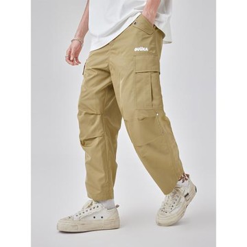 GUUKA卡其色學生撞釘收褶工裝褲