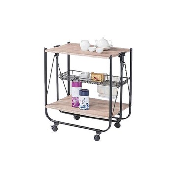 秒收折疊兩層木紋餐車(附置物籃)免組裝