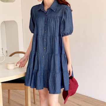 MOCO韓版chic法式減齡翻領拼接層次感蛋糕裙排扣寬鬆牛仔短洋裝