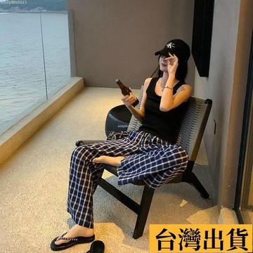 🌈台倉出庫🌈 韓版寬鬆高腰直筒闊腿褲鬆緊速乾工作褲牛仔褲寬褲拖地褲褲子顯瘦長褲休閒褲女裝高腰褲趙露思衕款格子睡褲女夏