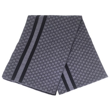 GUCCI 灰黑色 雙G 條紋100%羊毛圍巾