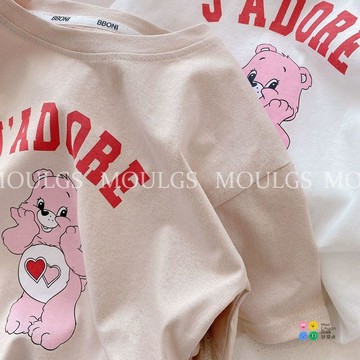 純棉可愛BABY~韓版童裝2026夏季新品女童慵懶愛心熊卡通短袖T恤中小童女童短袖T恤儿童卡通短袖上衣女童上衣