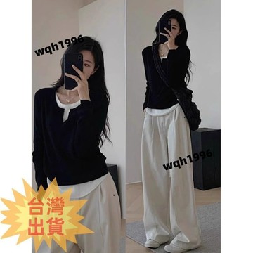 免運✨法式小眾設計感假兩件長袖上衣女 女秋冬時尚緊身顯瘦撞色內搭上衣 秋冬打底衫長袖女 外穿德絨上衣 圓領打底衣