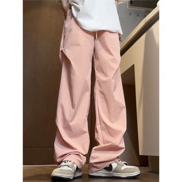 黑色冰絲褲子女夏季薄款美式傘兵褲垂感寬松直筒闊腿休閑工裝褲潮