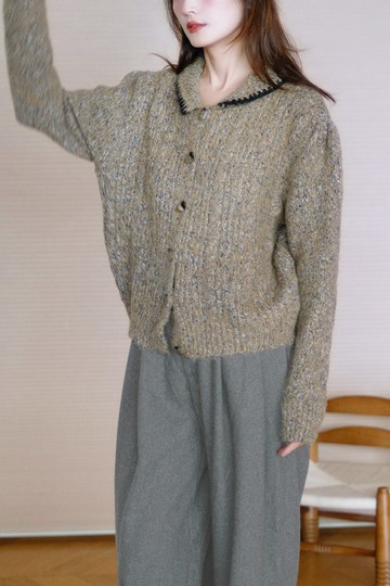 簡約百搭通勤別致紐扣刺繡小翻領長袖針織開衫保暖毛衣