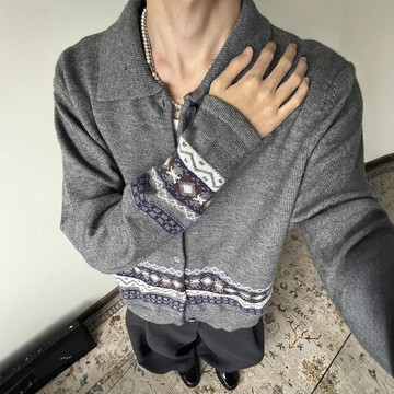 美式復古費爾島針織開衫外套男款秋季老錢風高級感慵懶風提花毛衣鑫弘-衣錦男裝