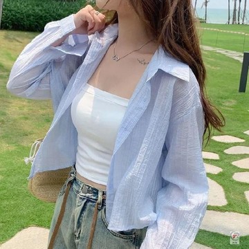 🎈流行女裝🎈防曬襯衫女設計感小個子短款長袖薄外套夏季寬鬆百搭白色開衫上衣