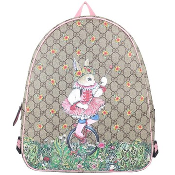 GUCCI 古馳  雙G 樋口裕子 彩繪防水布粉色皮邊後背包