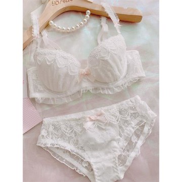 日本甜美少女白色全蕾絲薄杯側收大碼文胸套裝 日系內衣內褲顯小