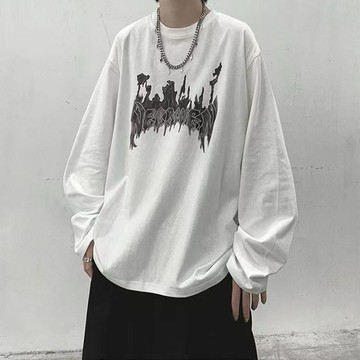 美式復古超火暗黑風字母潮牌長袖T恤寬鬆大碼男裝上衣打底衫秋季