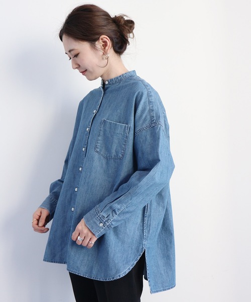 American Holic 前後差スタンドカラーデニムシャツ Women トップス シャツ ブラウス 通販 Lineポイント最大0 5 Get Lineショッピング