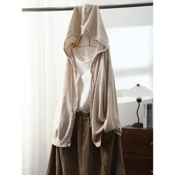 琴川谷秋冬新款柔軟休閑純色連帽針織衫女秋百搭慵懶開衫薄款外搭