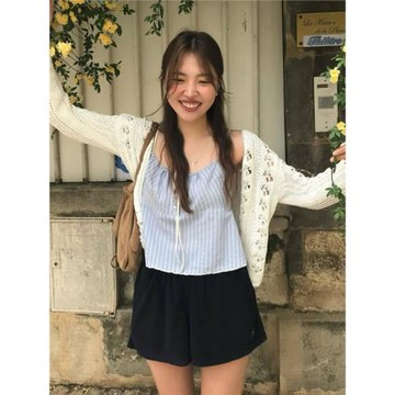 豬歐尼 韓國東大門夏季法式復古氣質顯瘦系帶撞色條紋吊帶背心女