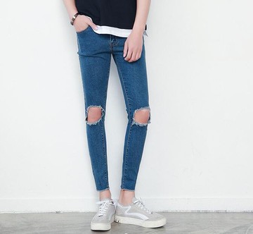 FINDSENSE Z1 韓國 時尚 潮 男 修身 深藍色 膝蓋大破洞 毛邊 小腳褲 九分褲 牛仔褲