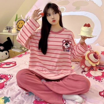 睡衣女春秋長袖套裝2024年新款可愛卡通學生小熊套頭家居服可外穿