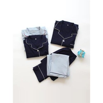 情侶純棉睡衣女春秋男士日系長袖凈色家居服套裝夫妻居家簡約藏藍