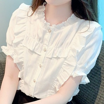 【巴黎精品】現貨+預購 女雪紡上衣短袖襯衫法式名媛氣質OL西裝蕾絲休閒女裝-短袖設計感荷葉邊a1kc47