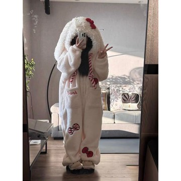可愛兔子耳朵冬季女連體睡衣連帽可外穿珊瑚絨加絨加厚保暖家居服生日禮物 禮物