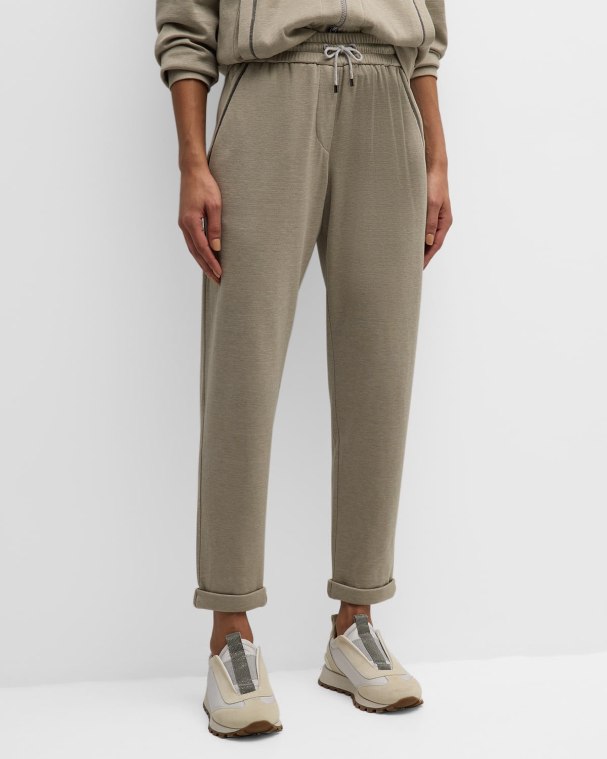 Monili-Trim Pockets Cotton Silk Felpa Pull-On Pants
