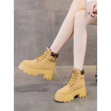 9cm小個子內增高馬丁靴女秋冬英倫風厚底大黃靴粗跟短靴加絨棉靴