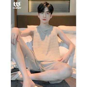 背心莫代爾睡衣男士夏季短褲薄款無袖條紋大碼運動家居服兩件套