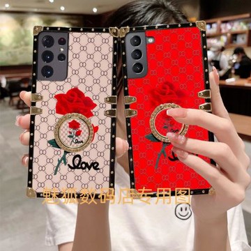 新款復古玫瑰花適用于三星S21Ultra方形電鍍帶指環扣手機外殼S21FE全包四角加厚防摔S21+保護套