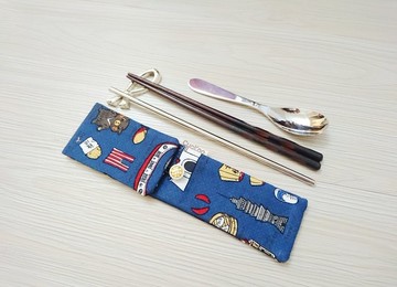 環保餐具收納袋 餐具套 台灣特色與小吃 藍色款