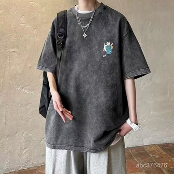 免運 純棉 學生版 洋氣 水洗做舊 短袖T恤 潮牌男 ins風 美式 嘻哈 復古  夏季 寬鬆百搭 大碼 水洗黑