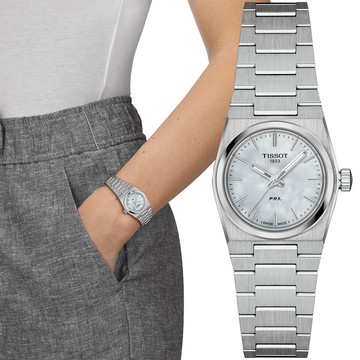 TISSOT 天梭 PRX系列 復刻款酒桶形珍珠貝石英錶/銀/25mm/T1370101111100