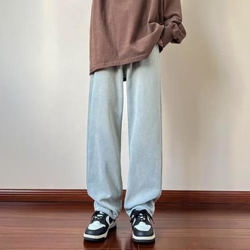 純色牛仔褲男春秋薄款休閑長褲青少年寬松哈倫褲美式潮流運動褲子