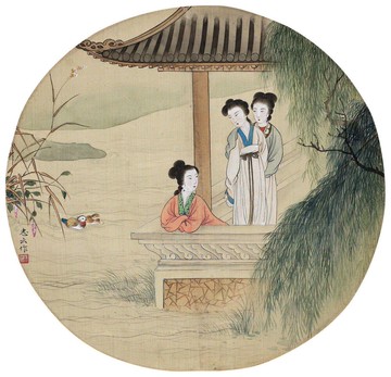 潘志云柳亭仕女圖扇面冊頁30X30仿古畫名畫復制名人字畫名家書畫