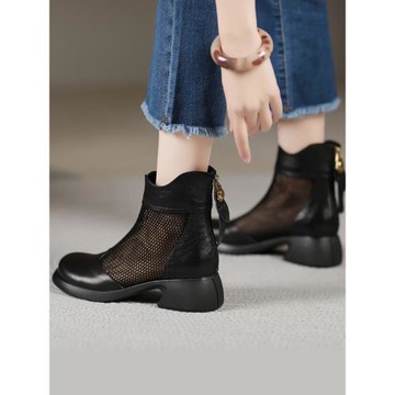 2025真皮網靴女短靴涼鞋涼靴中跟粗跟紗網鏤空馬丁靴女款夏天透氣