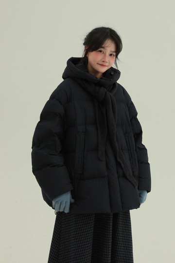 藏青色 奶芙蕾 90絨連帽羽絨服 長款秋冬保暖外套 可拆卸針織領巾