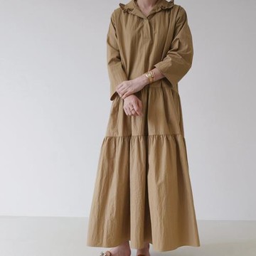 褶皺大碼休閑純色日系娃娃領長裙