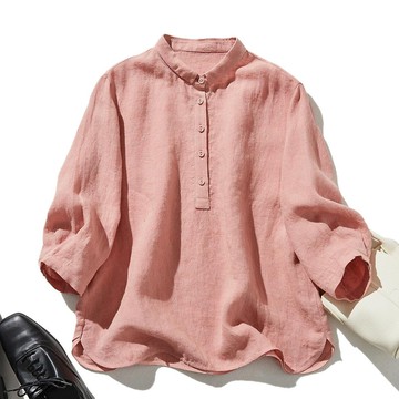 法式亞麻襯衫 透氣親膚 輕奢簡約 歐系優雅 桃花色  240404-3