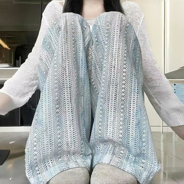 【夏季薄款 2026新款 扎染 鏤空 闊腿褲 女 高腰 垂感 提花 網布 涼涼褲 高腰闊腿褲 涼感褲】