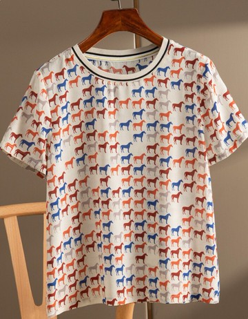 品牌折扣清倉專柜撤柜減齡駿馬顯瘦羅紋圓領真絲短袖襯衫T恤女